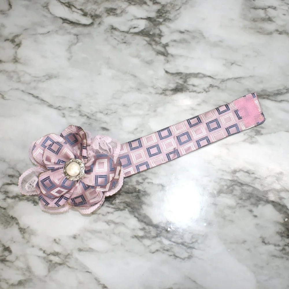HAND CRAFTED Wrap Bracelet Pink Silver Squares Floral Upcycled Silk Necktie
